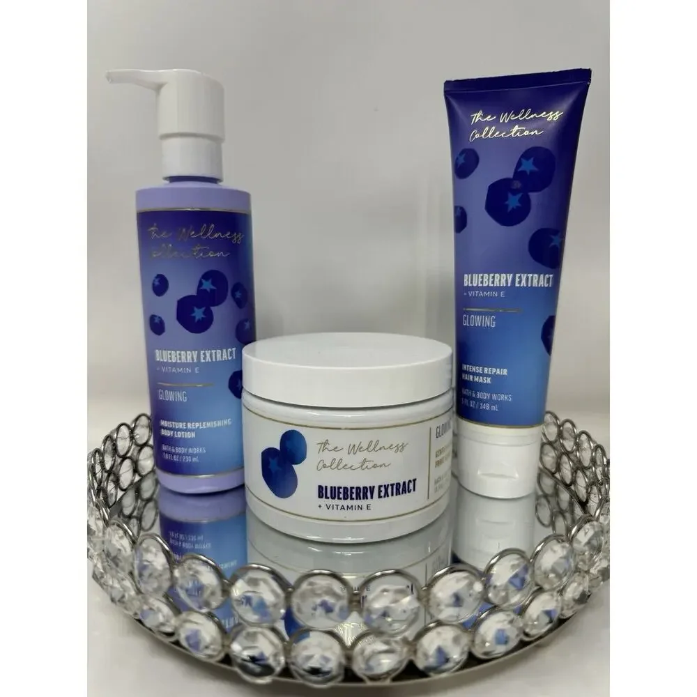 Bath & Body Works Wellness Blueberry Extract 3 Pc Set Lotion Scrub Hair Mask